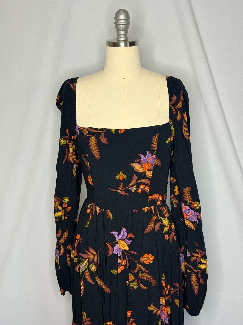 Floral Square-Neck Long Sleeve Maxi Dress - Black with Purple & Orange Floral - Picture 2 of 14